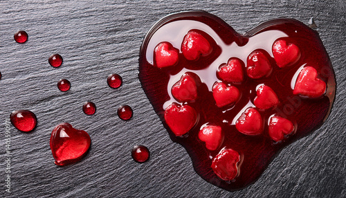 close up view of heart shaped raspberry jam droplets on sleek black stone surface