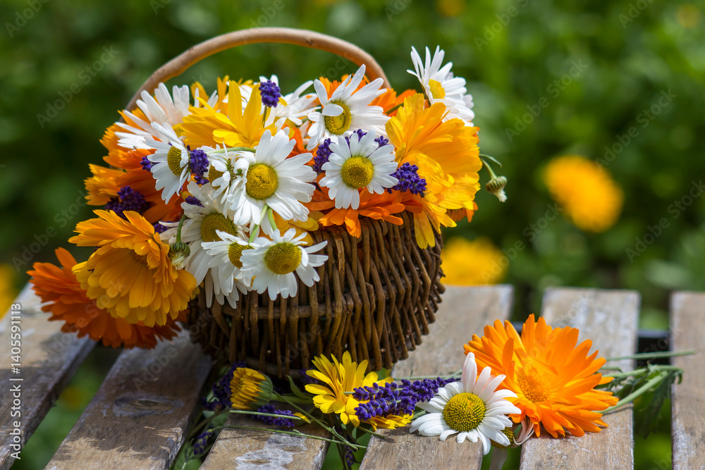 Beautiful fresh summer flowers in wicker basket on table against blurred floral background