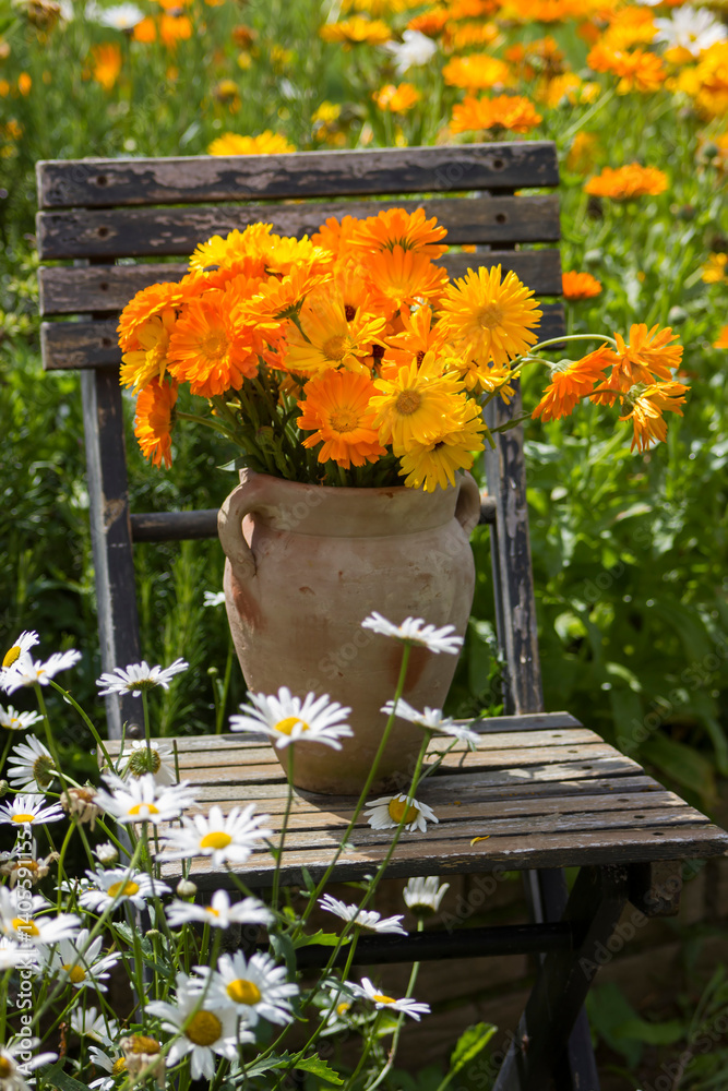 summer flowers in a vase on the chair in the garden