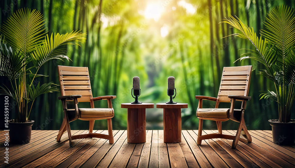 Fototapeta premium Outdoor podcast setup with wooden chairs, microphones, and tropical greenery in natural light. 