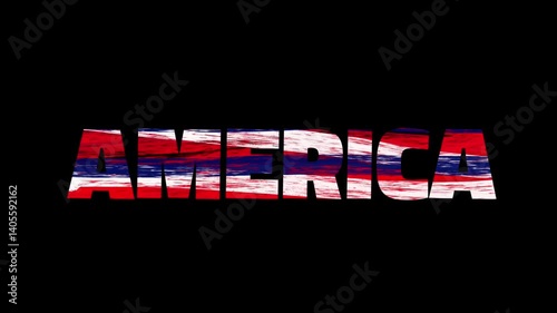 Animated word AMERICA filled with moving red, white, and blue brushstrokes, reminiscent of the US flag, on a black background.
