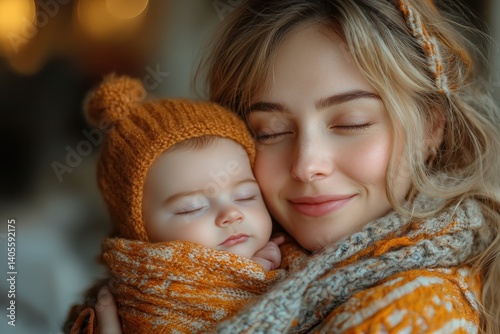 Fototapeta Naklejka Na Ścianę i Meble -  Mother and baby share a cozy moment in warm knitted outfits during fall morning indoors
