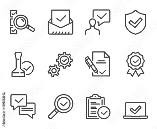 Check testing examination tick approve checkmark. Flat lined thin isolated icon set
