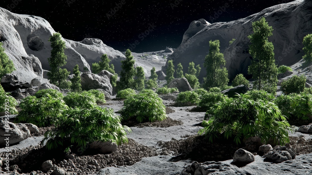 Lush green forest thriving among moon rocks under starry sky in futuristic lunar ecosystem