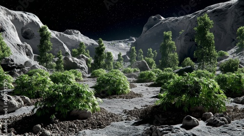 Obraz na płótnie Lush green forest thriving among moon rocks under starry sky in futuristic lunar ecosystem w salonie