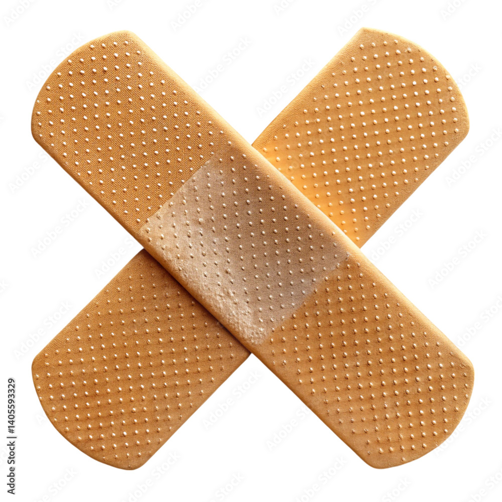 Close up of crossed band aids for wound healing and first aid on Transparent Background