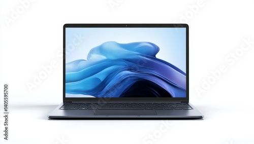 Modern laptop with sleek design.  Features a large display with flowing abstract graphics.  The laptop is a light gray color