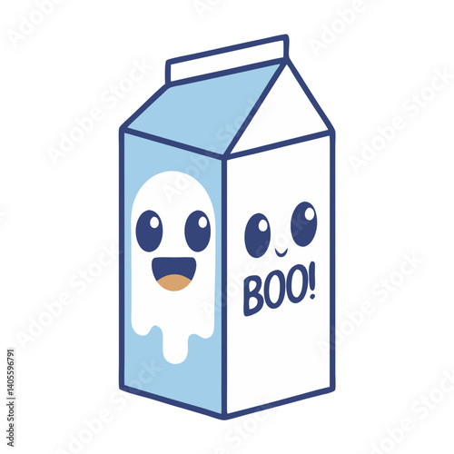 A cheerful ghost adorns a carton of milk, a playful Halloween treat with a friendly boo and light blue accents.