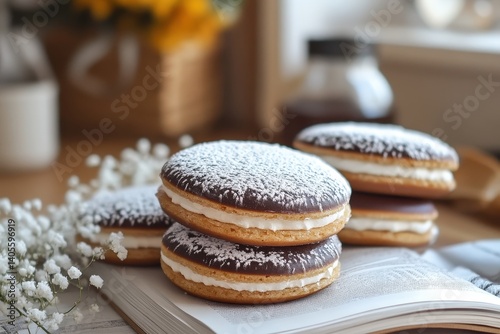 Stacked chocolate frosted cookies with creamy filling. photo