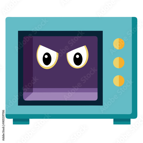 A grumpy teal microwave oven with angry eyes glaring from its dark interior, a playful kitchen appliance with simple flat design.