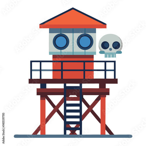 A lonely beach lifeguard tower under a watchful skull, depicted in flat, bold colors against a white background.