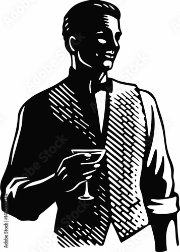 Nicely groomed gentleman in a vest holding a glass of drink. Black and white vintage woodcut style vector illustration.