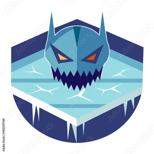 A menacing icy beast emerges from a frozen wasteland, its sharp teeth bared in a chilling display of power, with bold flat colors and a circular badge design.