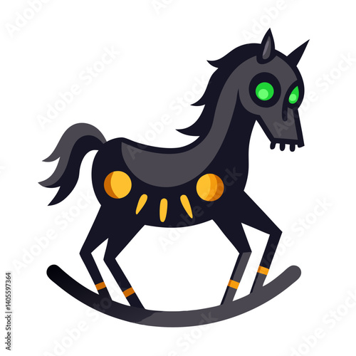 A spooky black rocking horse with glowing green eyes, a mysterious and slightly unsettling air, set against a plain white background in a bold, flat style.