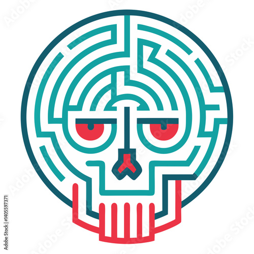A skull's enigmatic gaze trapped within a teal labyrinth, a bold graphic design with contrasting red accents.