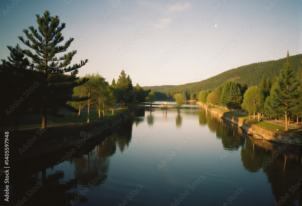 Serene Lakeside Vista: A tranquil scene of a lake reflecting the clear sky, framed by lush trees and rolling hills, offering a sense of peace and natural beauty. Serene Lakeside Vista: A tranquil scene of a lake reflecting the clear sky, framed by lush trees and rolling hills, offering a sense of peace and natural beauty.