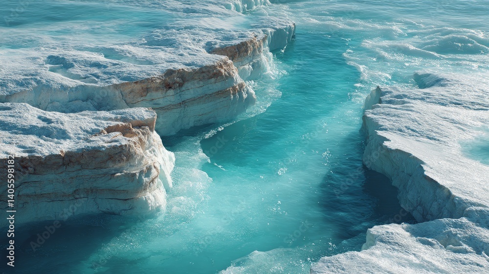 Cracked glacier shelf with turquoise runoff channel shaped by global warming impact