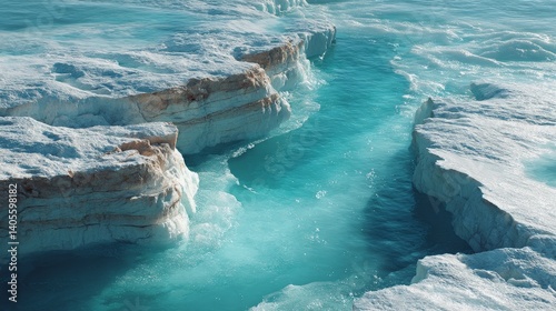 Obraz na płótnie Cracked glacier shelf with turquoise runoff channel shaped by global warming impact w salonie