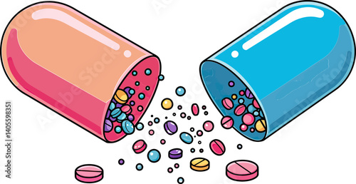 Pill Split Open: A whimsical illustration of an open pill capsule, revealing a colorful cascade of tiny pills, representing the concept of medication, health, and the intricate nature of medicine.
