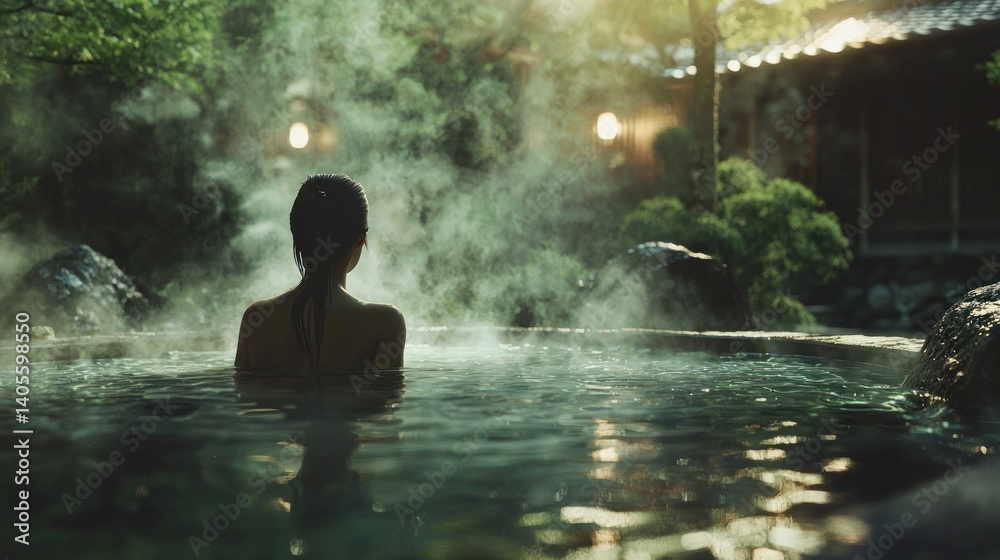 Serene Onsen Experience: Woman Relaxing in a Tranquil Japanese Hot Spring Serene Onsen Experience: Woman Relaxing in a Tranquil Japanese Hot Spring