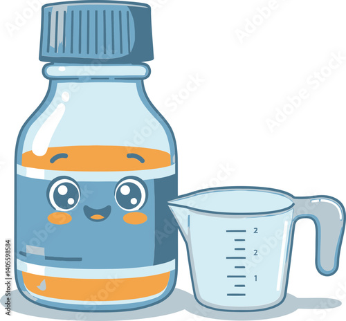 Cheerful Bottle of Medicine: A cute, smiling medicine bottle stands beside a measuring cup, conveying a sense of caring for children, perfect for medical content.