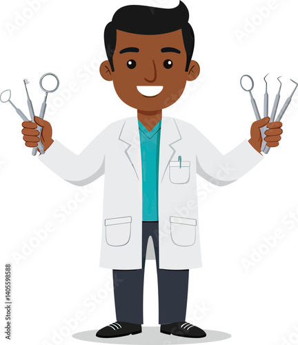 Smiling Dentist with Instruments: A friendly and approachable African-American dentist, smiling with confidence, holding a set of dental instruments, ready to provide dental care.