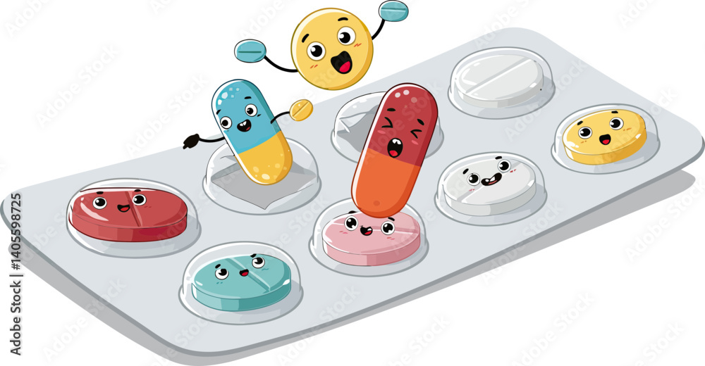 Happy Pills: Cartoon pills and capsules with smiling faces joyfully jump out of blister pack. A playful illustration representing medication, healthcare, or positive medicine. Happy Pills: Cartoon pills and capsules with smiling faces joyfully jump out of blister pack. A playful illustration representing medication, healthcare, or positive medicine.