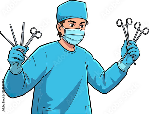 Ready for Surgery: A determined surgeon, masked and gloved, holds a collection of surgical instruments, preparing for a critical operation.