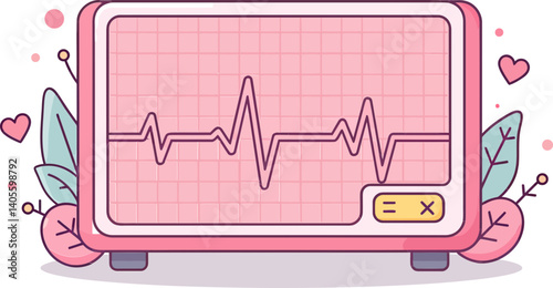 Heart Monitor Illustration: An animated depiction of a heart monitor displaying a vibrant, fluctuating EKG, flanked by playful floral elements, reflecting vitality and life.