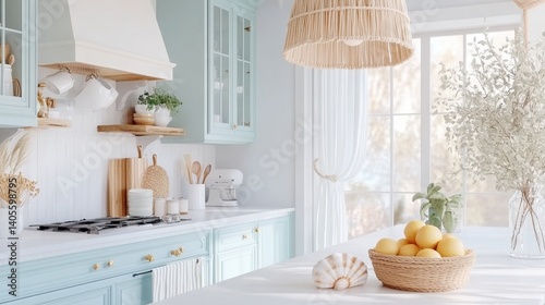 Coastal kitchen featuring soft blue cabinetry and nautical decor for a relaxed seaside atmosphere