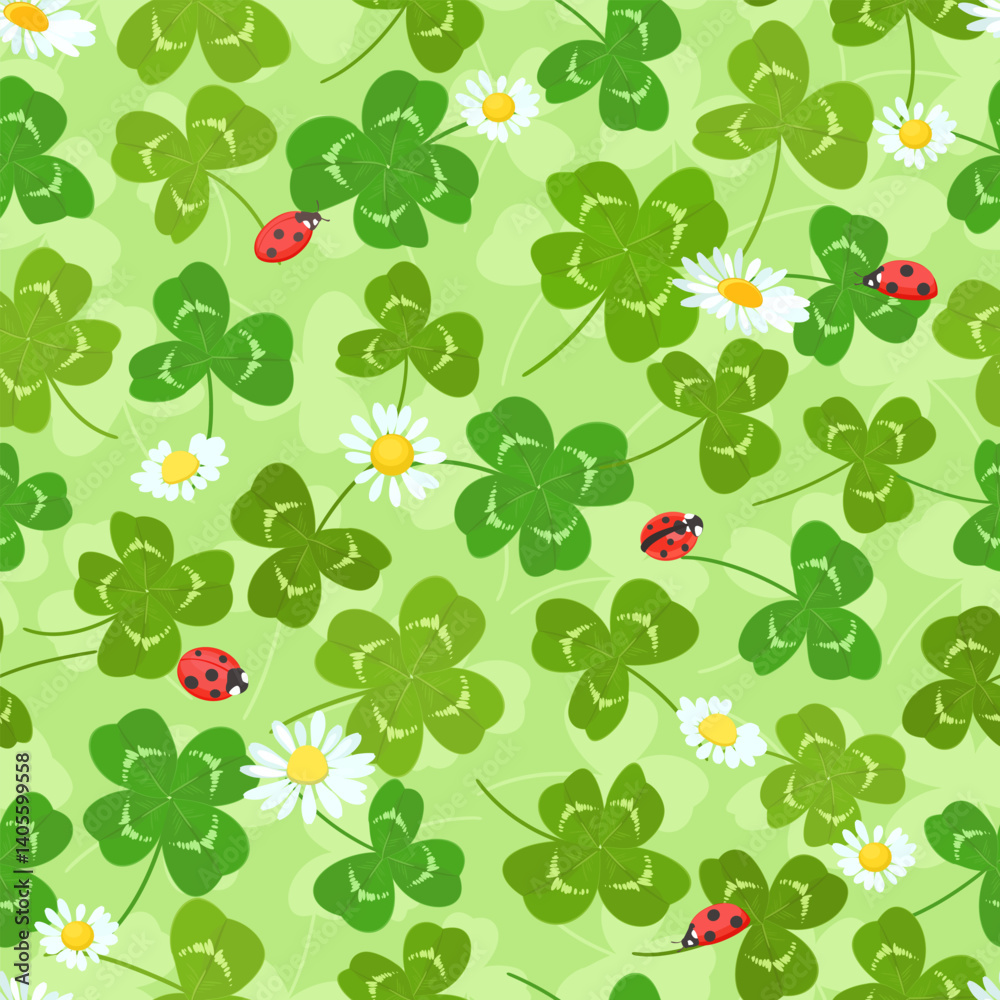 seamless texture with trefoil and four leaf clover leaves, ladybugs and chamomile flowers