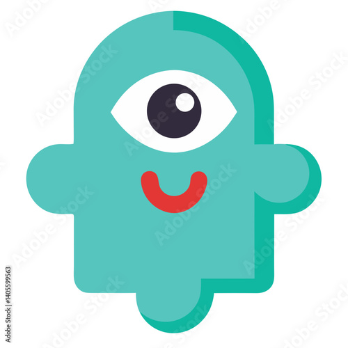 A cheerful, one-eyed teal creature with a playful smile, a friendly puzzle-piece design in a simple, bold style.