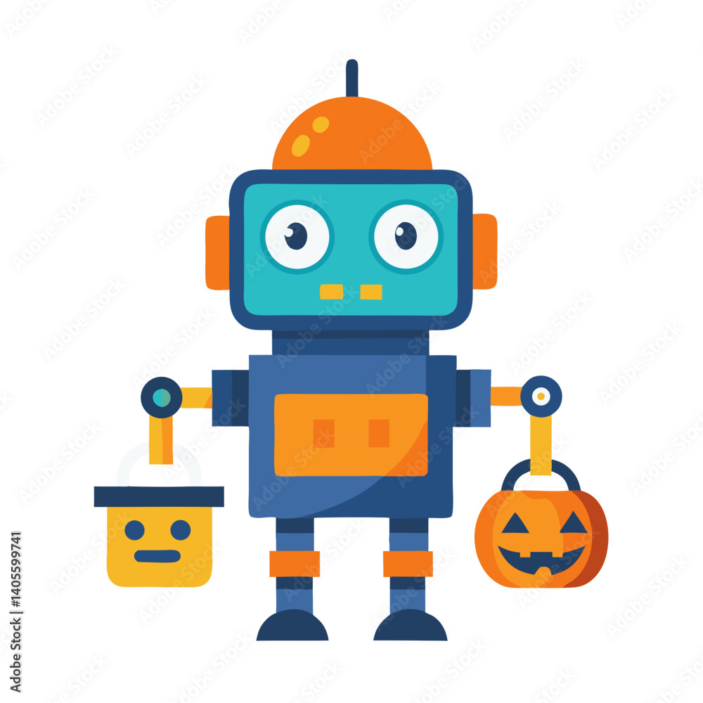 Fototapeta premium A friendly robot joyfully carries Halloween treats, a pumpkin and candy bucket, in a playful, colorful illustration.