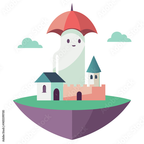 A friendly ghost protects a whimsical floating village nestled on a secluded island under a red umbrella, showcasing a charming minimalist design.