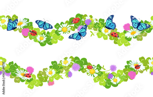 collection of seamless borders with trefoil and four leaf clover leaves,  chamomile flowers, red clover blooms, ladybugs and butterflies