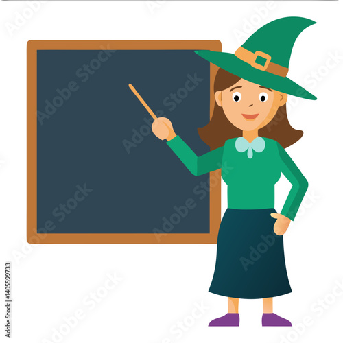 A friendly witch teacher enthusiastically points to a blank blackboard, ready to share magical knowledge in a vibrant, illustrated classroom scene.