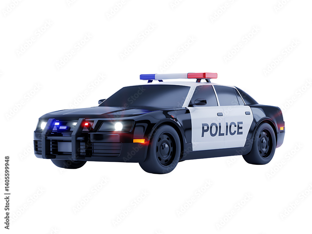 A sleek, black and white police car with flashing lights, ready for action.
