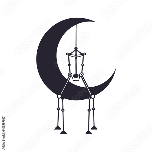 A mystical crescent moon cradles a delicate hanging lantern, casting an enchanting nighttime glow in a minimalist black and white silhouette.