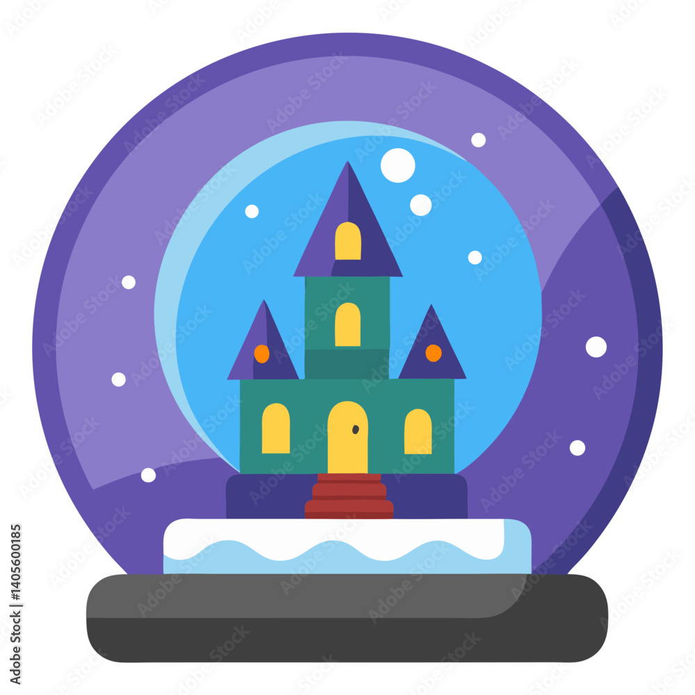 Fototapeta premium A whimsical fairytale castle nestled within a snow globe, dreaming under a twilight sky of purple and blue, showcasing a charming miniature world.