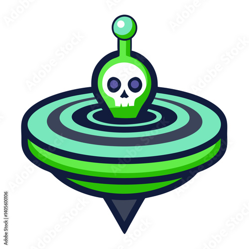 A spinning top of mystery, a skull's gaze piercing the swirling green depths, a vibrant, cartoonish design in bold outlines.