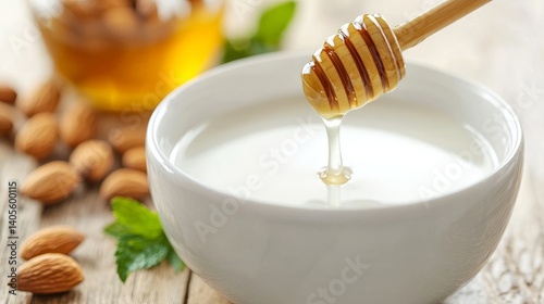 Pasteurized milk pure. A bowl of creamy yogurt topped with honey and almonds, set on a rustic wooden surface, exuding a fresh and wholesome vibe.