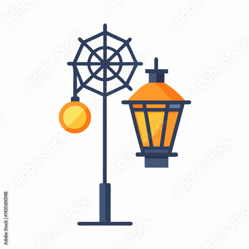 A spooky streetlight adorned with a spiderweb and glowing orb casts a warm, enchanting Halloween glow.