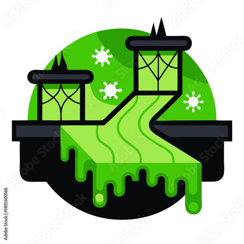 A vibrant green stream flows from two stylized towers, symbolizing a potent, yet contained, biological process within a circular landscape, featuring simplified virus icons.