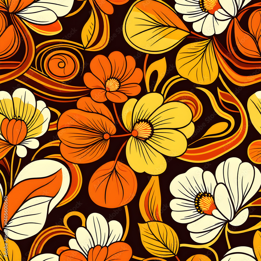 custom made wallpaper toronto digitalRetro Seamless Floral Pattern – 70s Style Abstract Wallpaper Design in Orange and Brown