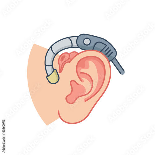 Hearing Aid Icon Illustration: A simplified, colorful illustration of a hearing aid attached to the ear, representing technology that improves hearing and quality of life.  