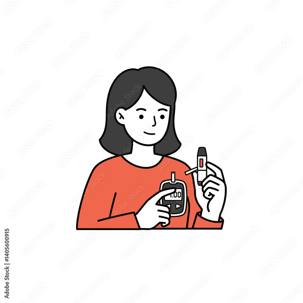 Blood Sugar Check: A detailed illustration shows a person meticulously checking their blood sugar, with a modern device and a test strip, symbolizing health management and medical care. Blood Sugar Check: A detailed illustration shows a person meticulously checking their blood sugar, with a modern device and a test strip, symbolizing health management and medical care.