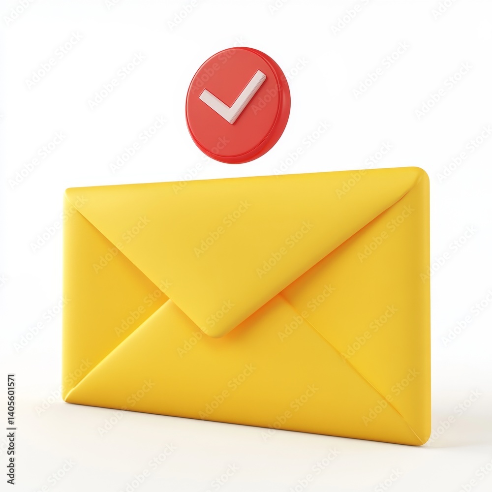 A yellow envelope with a red checkmark. A digital confirmation A yellow envelope with a red checkmark. A digital confirmation