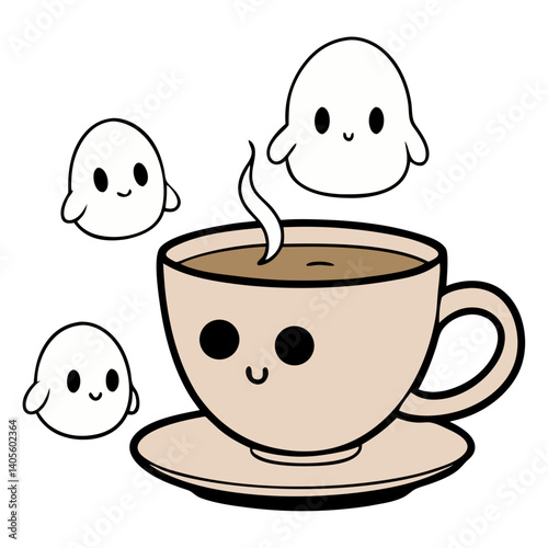 A cute teacup with happy ghost friends sharing a warm, comforting beverage on a cozy autumn morning in simple, charming line art.