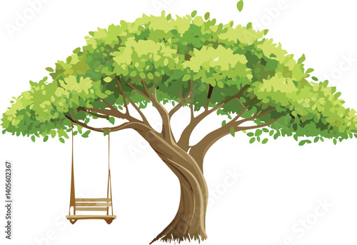 Tree with Wooden Swing Hanging from Branch Vector Isolated, Whimsical Childhood Memory, Rustic Backyard Playground, Joyful Nature Illustration