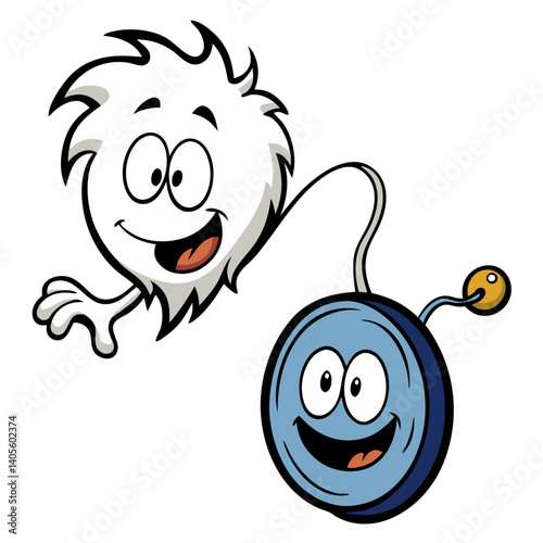 A fluffy white friend joyfully zooms toward a smiling blue yo-yo in a playful cartoon adventure with bold outlines and bright colors.